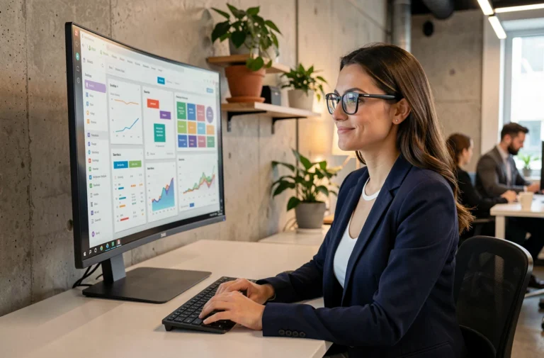 Professionnelle analysant des tendances web et des tableaux de bord analytiques sur un grand écran ultrawide dans un bureau moderne en 2024