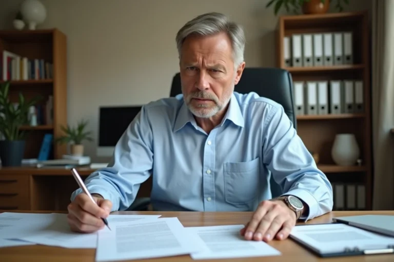 Propriétaire inquiet examinant des documents de location non déclarée à son bureau