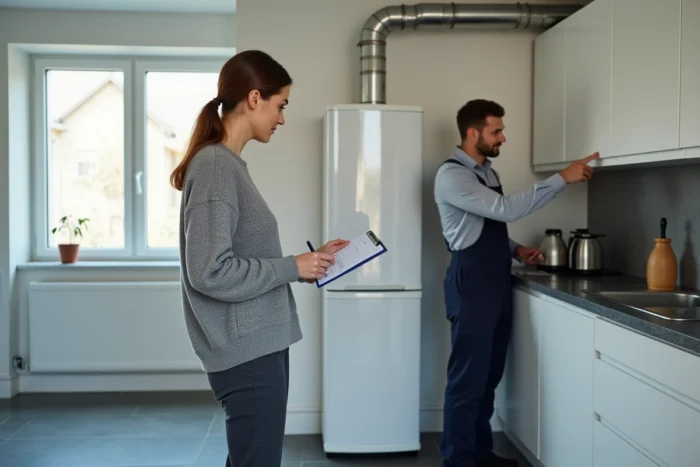 Owner and technician discussing the maintenance and safety of a gas boiler in a Brussels kitchen