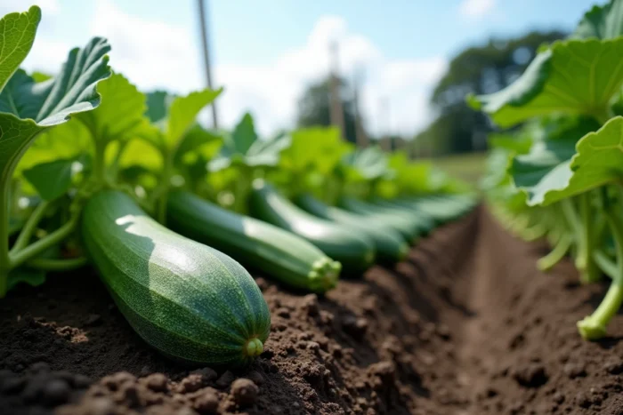 Rang de courgettes bien développées dans un potager en pleine terre avec des fruits verts et un sol fertile