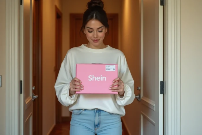 Femme recevant un colis Shein à son domicile en France après passage au hub