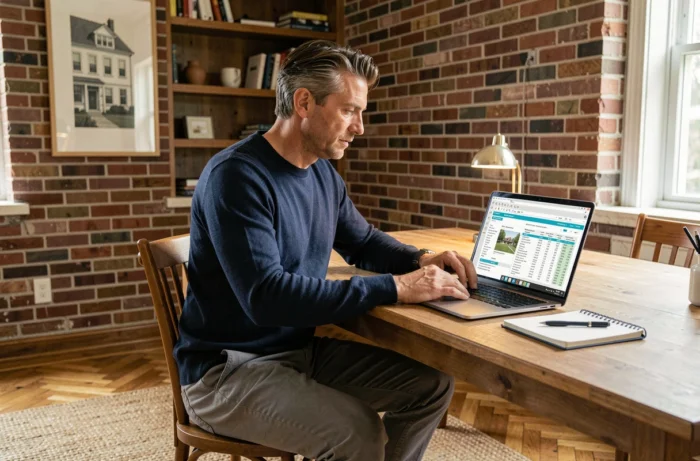 Homme consultant des annonces immobilières et un budget rénovation sur ordinateur portable dans un bureau à domicile