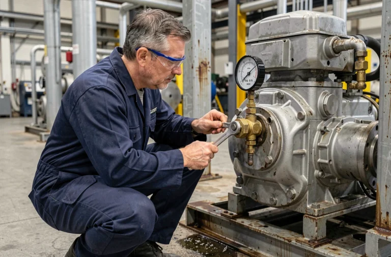 Technicien industriel réglant la pression d'une pompe hydraulique avec une clé de calibration en usine