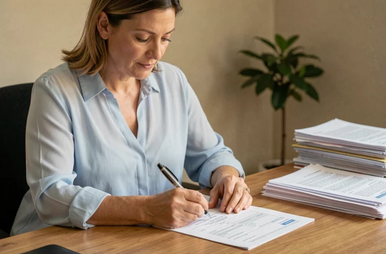Femme remplissant une feuille de soin Pacifica à son bureau à domicile
