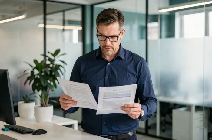 Homme comparant des documents imprimés pour identifier un texte rédigé par ChatGPT dans un bureau professionnel