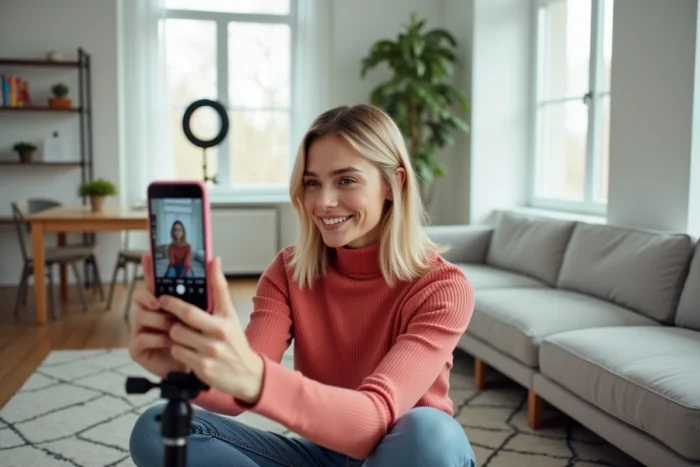 Jeune femme en pull corail filmant une vidéo pour les réseaux sociaux sur son smartphone dans un salon moderne, illustrant l'utilisation des réseaux comme relais de trafic