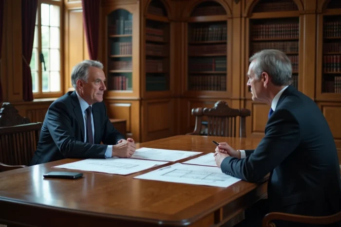 Réunion d'affaires entre entrepreneurs dans un bureau de style château français avec documents et plans, évoquant les coulisses financières et stratégiques du développement du Puy du Fou