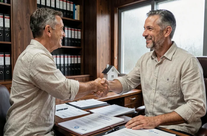 Signature de contrat immobilier et poignée de main chez le notaire lors d'une vente