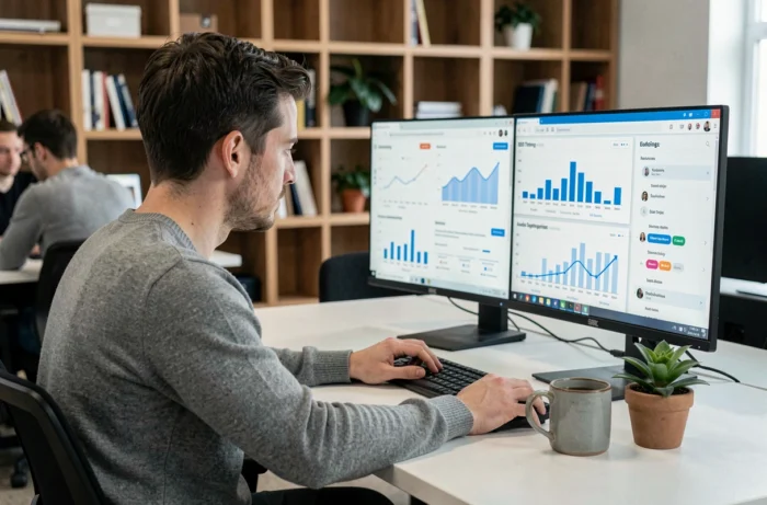 Spécialiste en marketing digital travaillant sur des outils d'analyse SEO et de tendances réseaux sociaux en 2024