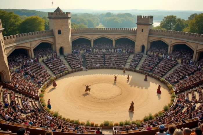 Vue panoramique d'un grand spectacle médiéval au Puy du Fou avec gradins et acteurs en costumes d'époque, symbole du succès commercial et touristique du parc vendéen