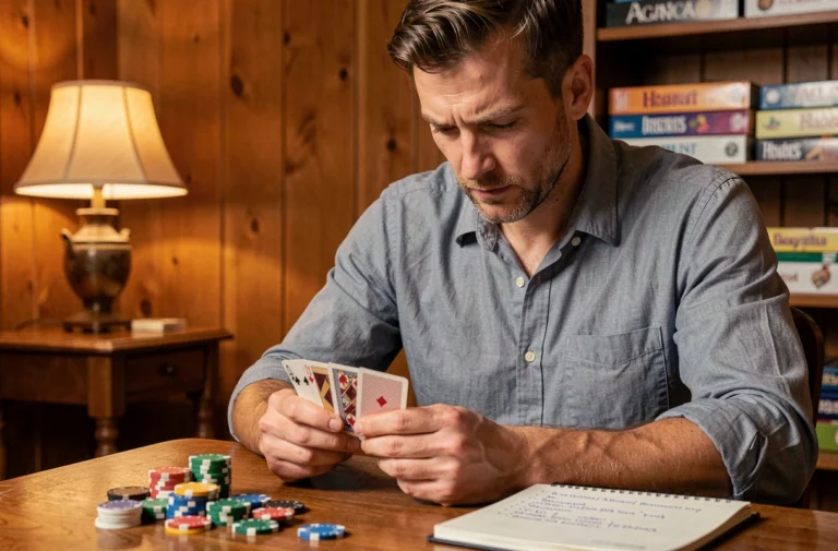 Joueur de 8 américain concentré étudiant ses cartes avec des stratégies notées sur un bloc-notes autour de jetons de poker