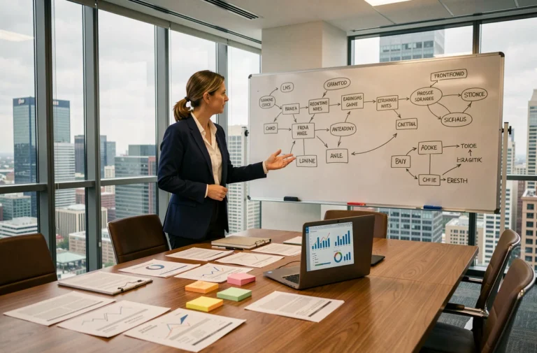 Femme d'affaires planifiant une stratégie de succès durable dans une salle de réunion moderne avec des documents et un tableau blanc