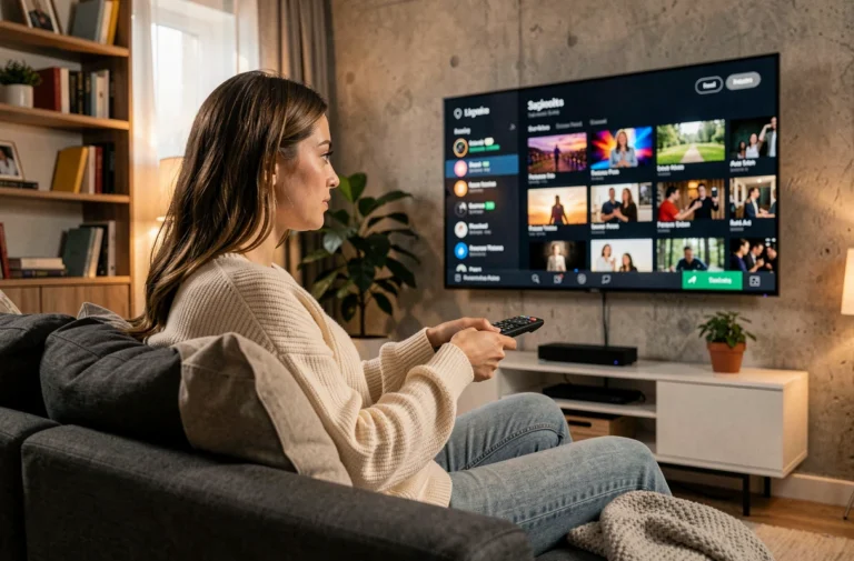 Femme regardant un service de streaming de films sur sa télévision depuis son canapé à la maison