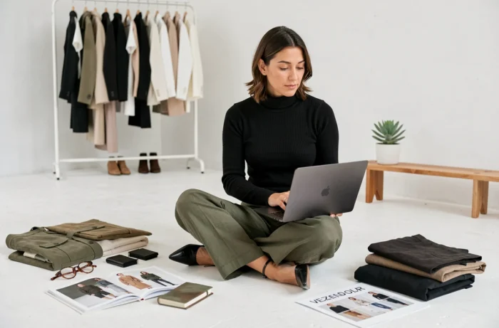 Styliste de mode professionnelle organisant des collections saisonnières et consultant des lookbooks dans un studio minimaliste