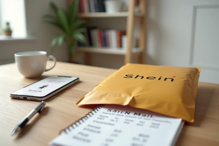 Suivi de commande Shein sur smartphone avec colis et bordereau d'expédition posés sur un bureau