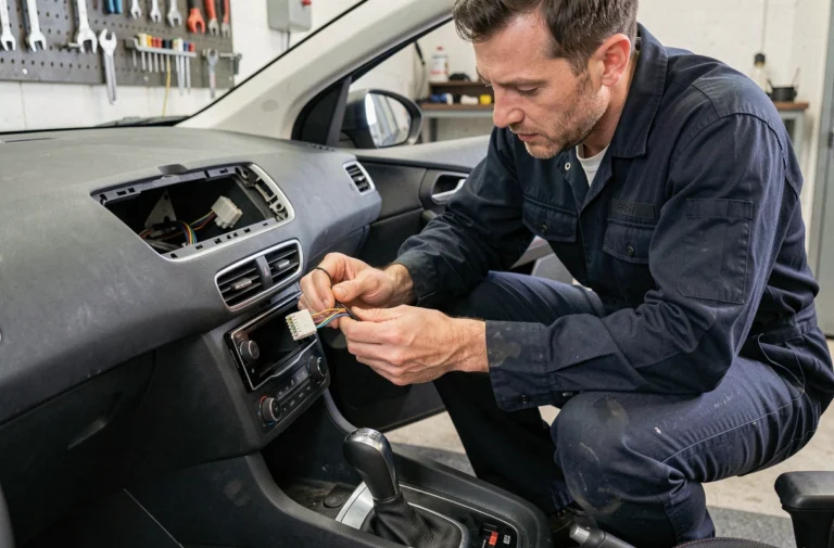 Technicien automobile examinant le faisceau de câbles d'autoradio Peugeot 308 derrière le tableau de bord