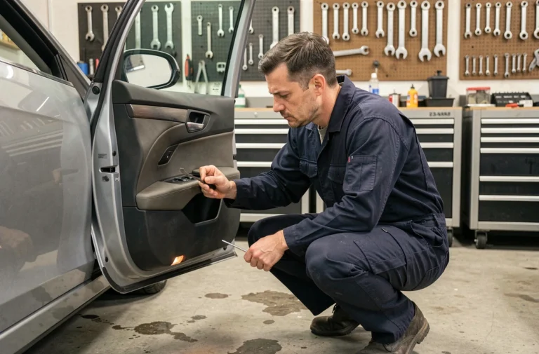 Technicien automobile inspectant le panneau de portière d'une berline pour dépanner la fermeture centralisée