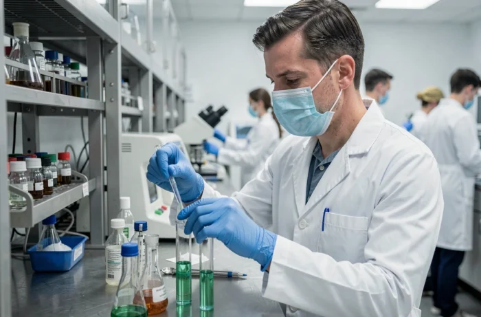 Technicien de laboratoire pharmaceutique manipulant des flacons d'échantillons dans un environnement de recherche stérile et professionnel