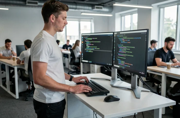 Technicien informatique sécurisant un système d'exploitation Linux sur un double écran dans un open space professionnel
