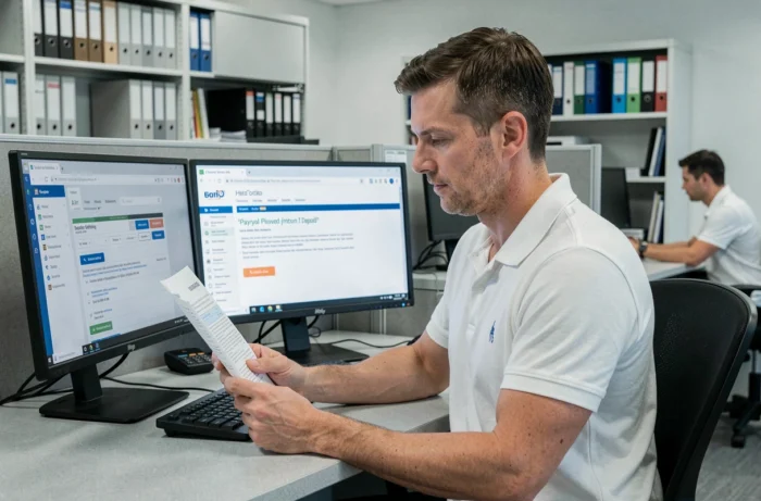 Technicien informatique résolvant un bug d'accès au portail My Arkevia depuis un poste de travail en entreprise