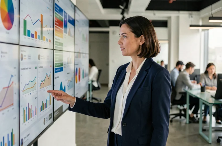 Professionnelle du marketing analysant des tendances digitales sur un écran interactif dans un bureau moderne en 2024