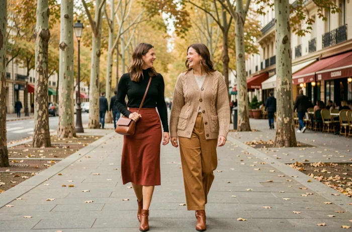 Deux femmes élégantes marchant et riant sur un boulevard parisien en automne, arborant des tenues tendance en jupe midi rouille et cardigan en maille crème