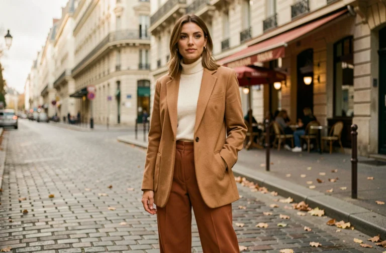 Femme élégante en blazer camel oversize et pantalon terracotta dans une rue pavée parisienne, tendances mode automne