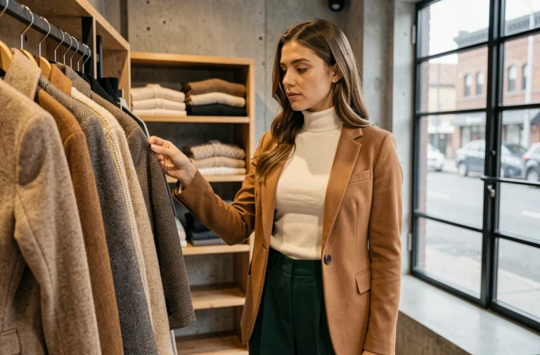 Jeune femme élégante en blazer camel et pantalon large vert forêt, feuilletant des vêtements tendance dans une boutique de mode contemporaine aux murs en béton