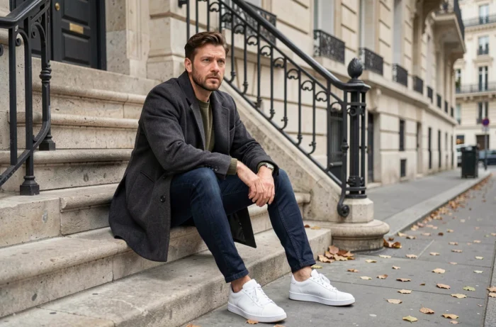 Homme stylé en manteau en laine charbon et jean indigo assis sur des marches en pierre haussmannienne, incarnant les tendances mode masculines de la saison