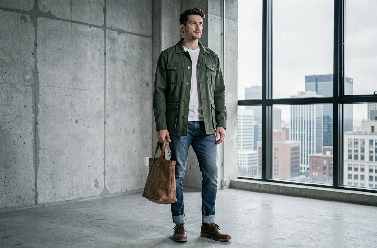 Homme en veste utilitaire vert forêt et jean brut dans un loft industriel, style masculin tendance saison