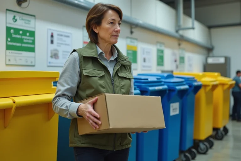 Femme triant des matériaux recyclables dans un centre de tri des déchets au Luxembourg