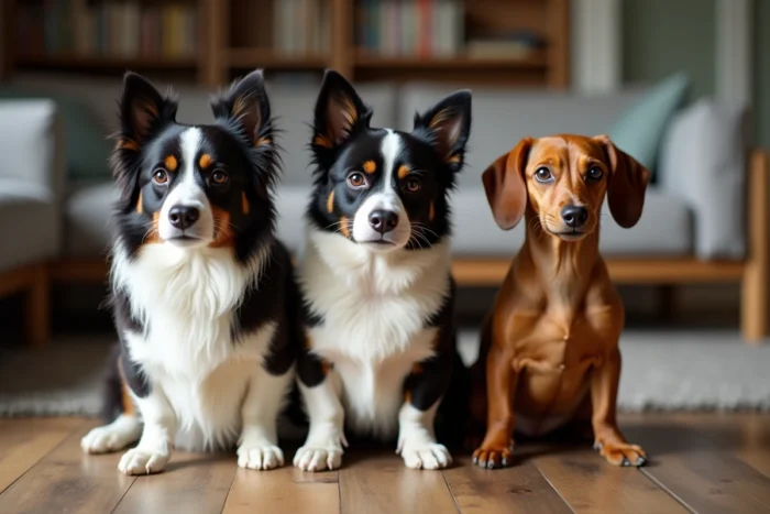 Trois races de chiens différentes — border collie, bouledogue français et teckel — assis côte à côte dans un intérieur chaleureux