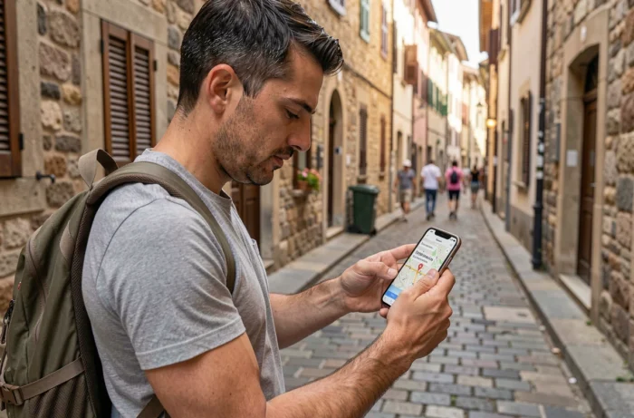 Homme consultant une carte GPS offline sur smartphone dans une ruelle de ville européenne