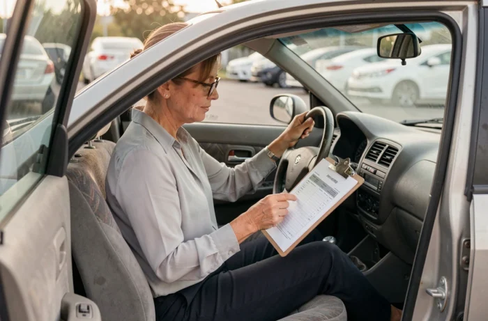 Femme consultant un rapport d'historique de véhicule avant d'acheter une voiture d'occasion