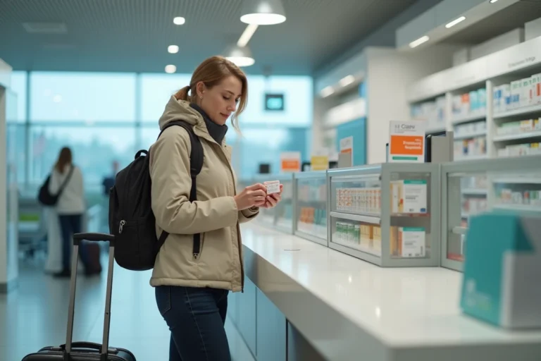 Femme examinant une boîte de paracétamol au comptoir d'une pharmacie d'aéroport avant un voyage en Norvège